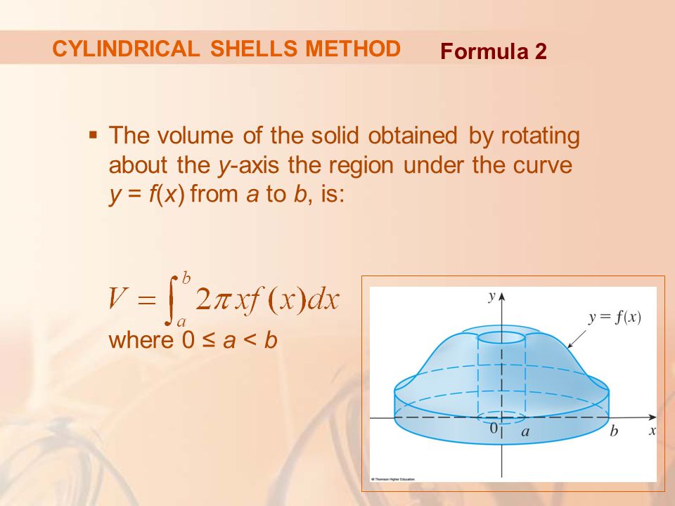  The volume of the solid obtained by rotating about the y-axis the region under the curve y = f(x) from a to b, is: where 0 ≤ a < b Formula 2 CYLINDRICAL SHELLS METHOD