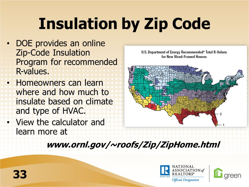 Insulation by Zip Code DOE provides an online Zip-Code Insulation Program for recommended R-values.