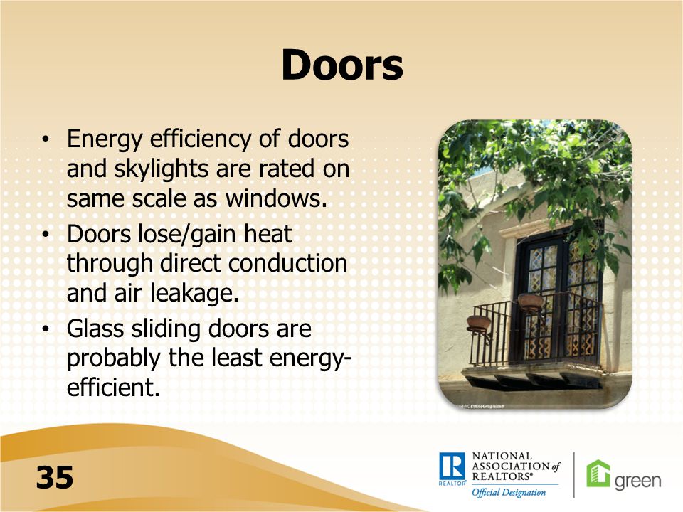 Doors Energy efficiency of doors and skylights are rated on same scale as windows.
