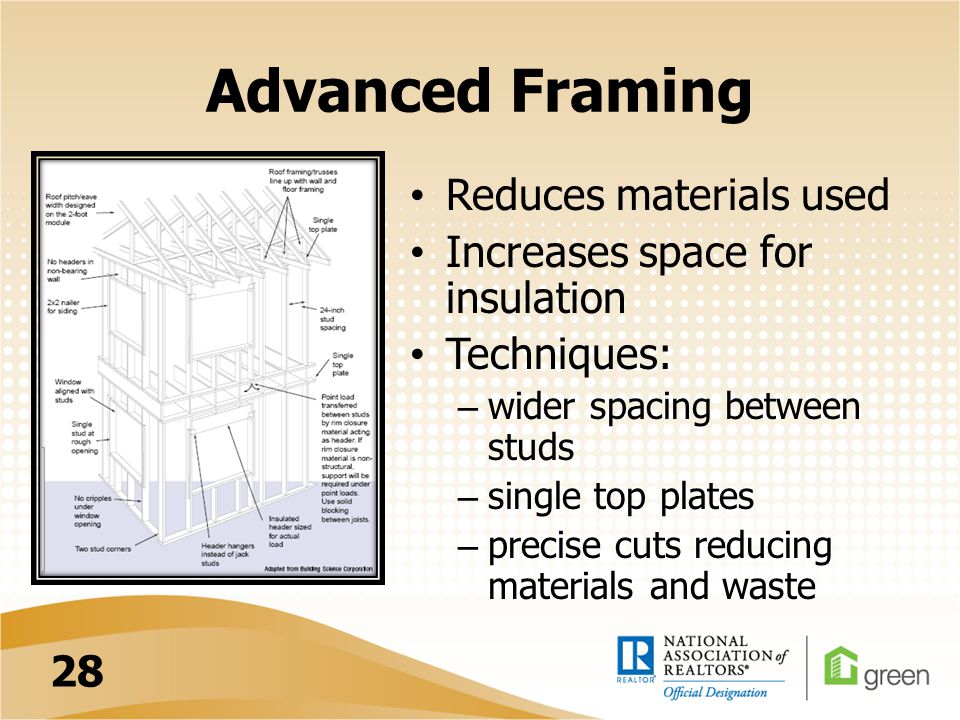 Advanced Framing Reduces materials used Increases space for insulation Techniques: – wider spacing between studs – single top plates – precise cuts reducing materials and waste 28