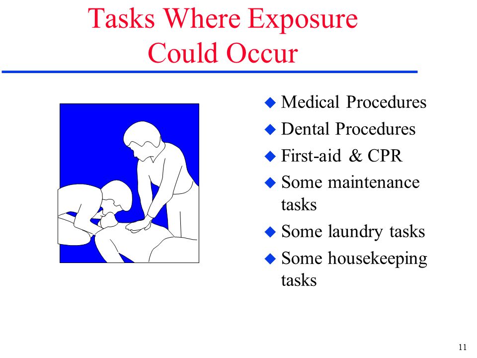11 Tasks Where Exposure Could Occur u Medical Procedures u Dental Procedures u First-aid & CPR u Some maintenance tasks u Some laundry tasks u Some housekeeping tasks