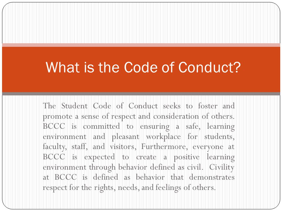 The Student Code of Conduct seeks to foster and promote a sense of respect and consideration of others.