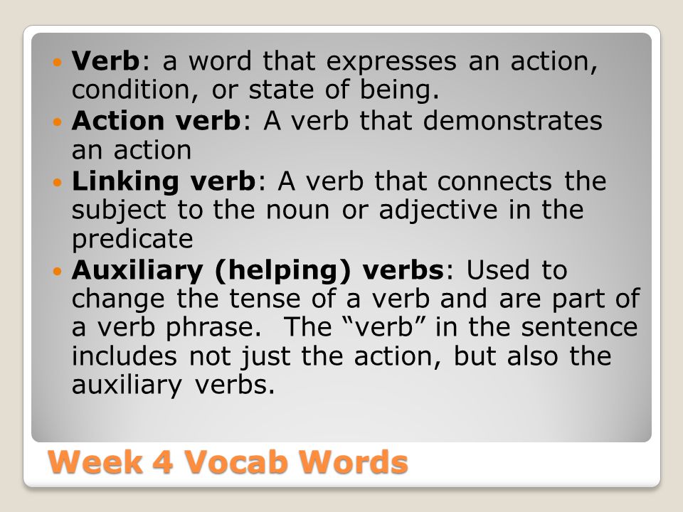 Week 4 Vocab Words Verb: a word that expresses an action, condition, or state of being.