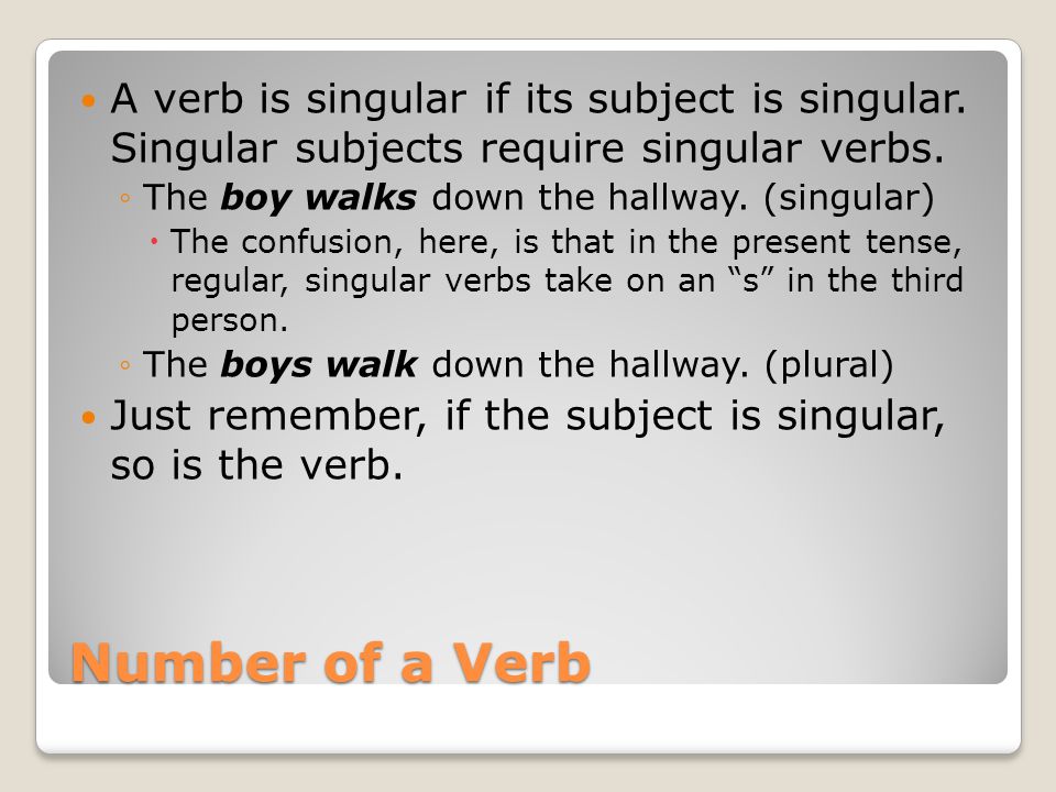 Number of a Verb A verb is singular if its subject is singular.