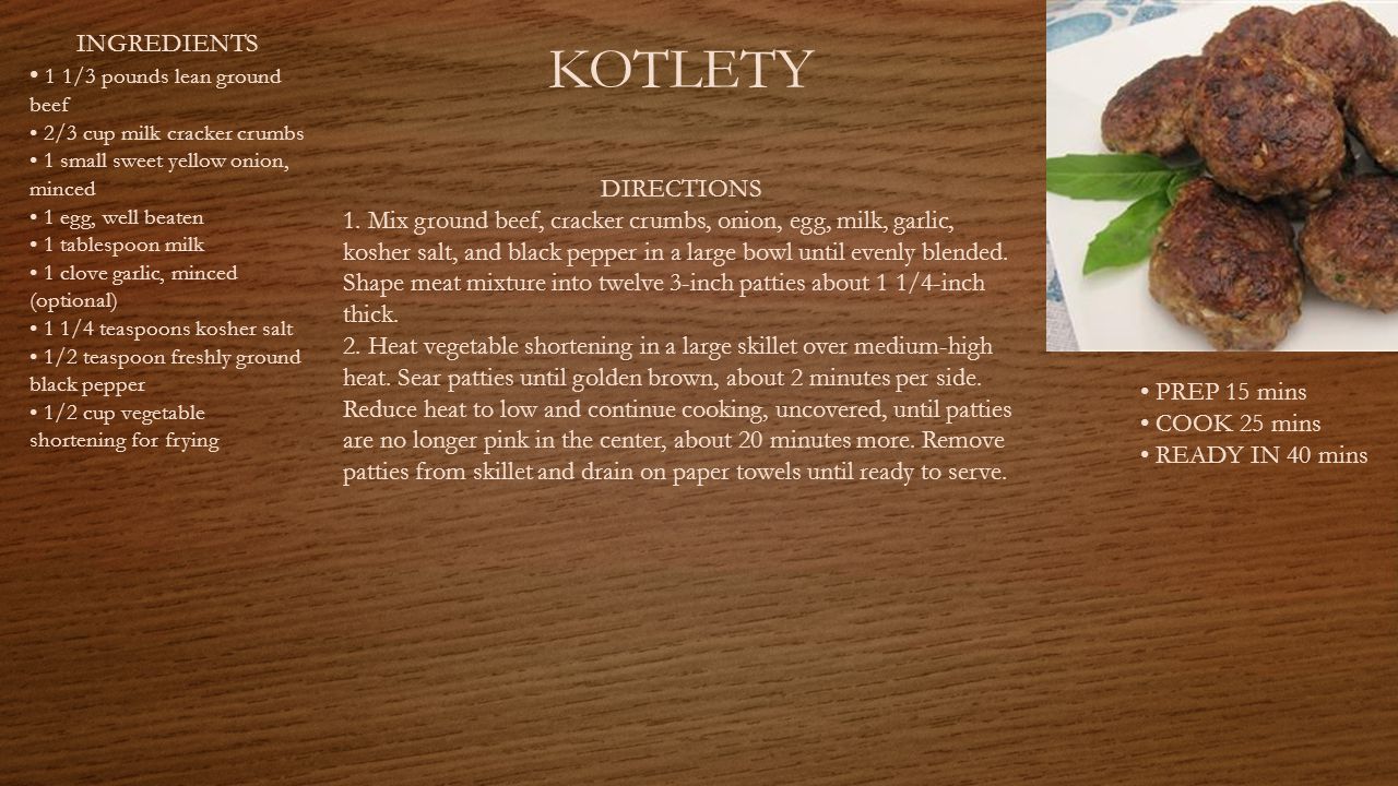 KOTLETY PREP 15 mins COOK 25 mins READY IN 40 mins INGREDIENTS 1 1/3 pounds lean ground beef 2/3 cup milk cracker crumbs 1 small sweet yellow onion, minced 1 egg, well beaten 1 tablespoon milk 1 clove garlic, minced (optional) 1 1/4 teaspoons kosher salt 1/2 teaspoon freshly ground black pepper 1/2 cup vegetable shortening for frying DIRECTIONS 1.