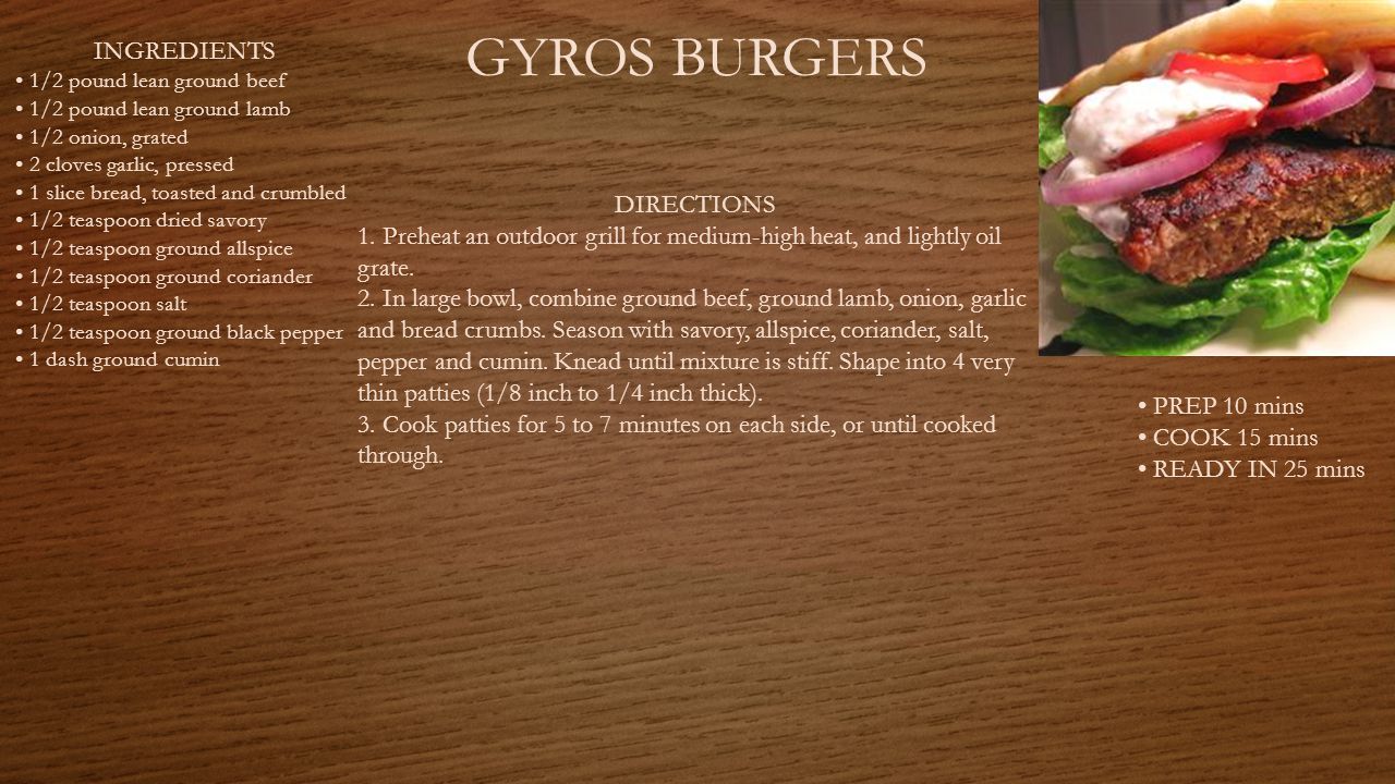GYROS BURGERS PREP 10 mins COOK 15 mins READY IN 25 mins INGREDIENTS 1/2 pound lean ground beef 1/2 pound lean ground lamb 1/2 onion, grated 2 cloves garlic, pressed 1 slice bread, toasted and crumbled 1/2 teaspoon dried savory 1/2 teaspoon ground allspice 1/2 teaspoon ground coriander 1/2 teaspoon salt 1/2 teaspoon ground black pepper 1 dash ground cumin DIRECTIONS 1.