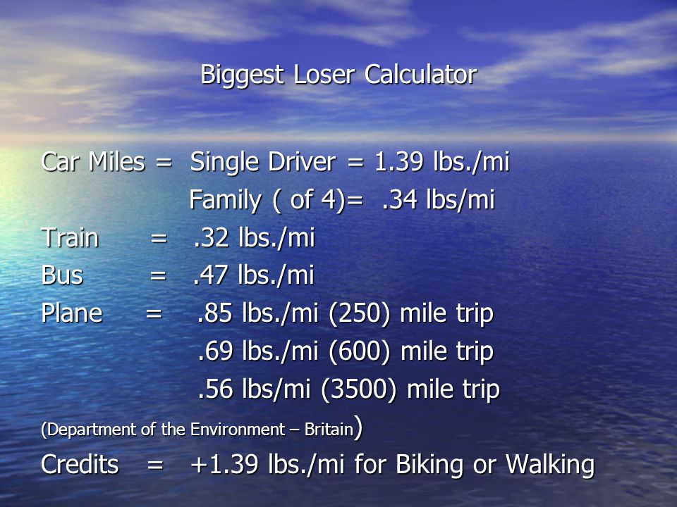 Biggest Loser Calculator Car Miles = Single Driver = 1.39 lbs./mi Family ( of 4)=.34 lbs/mi Family ( of 4)=.34 lbs/mi Train =.32 lbs./mi Bus =.47 lbs./mi Plane =.85 lbs./mi (250) mile trip.69 lbs./mi (600) mile trip.69 lbs./mi (600) mile trip.56 lbs/mi (3500) mile trip.56 lbs/mi (3500) mile trip (Department of the Environment – Britain ) Credits = lbs./mi for Biking or Walking