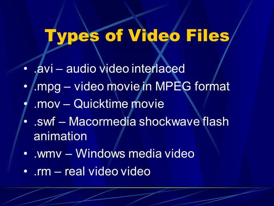 Types of Video Files.avi – audio video interlaced.mpg – video movie in MPEG format.mov – Quicktime movie.swf – Macormedia shockwave flash animation.wmv – Windows media video.rm – real video video