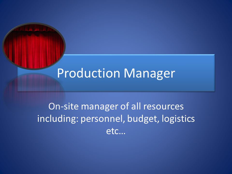 Production Manager On-site manager of all resources including: personnel, budget, logistics etc…