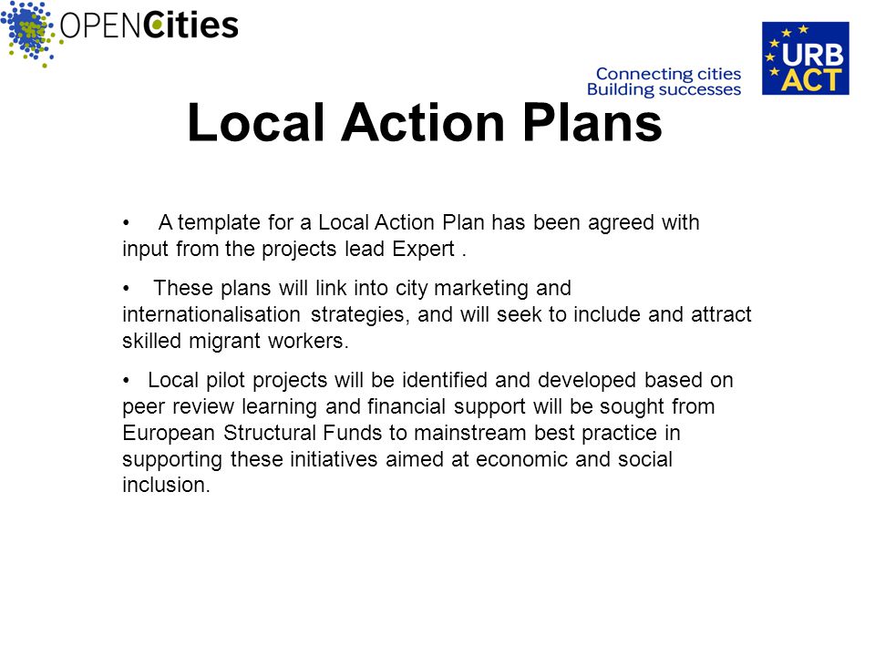 Local Action Plans A template for a Local Action Plan has been agreed with input from the projects lead Expert.