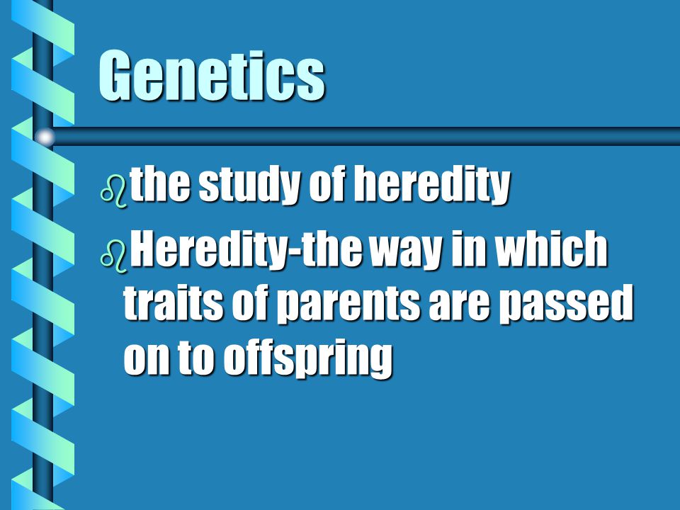 Genetics b the study of heredity b Heredity-the way in which traits of parents are passed on to offspring