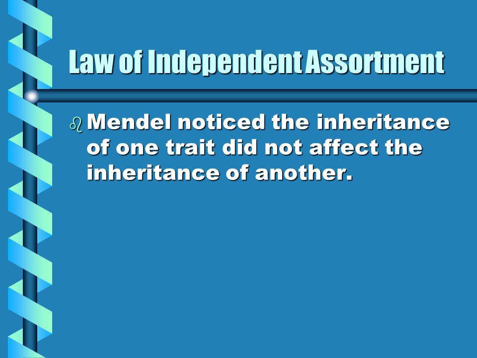 Law of Independent Assortment b Mendel noticed the inheritance of one trait did not affect the inheritance of another.