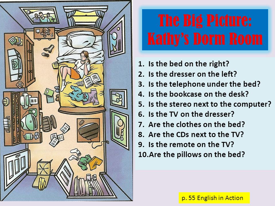 The Big Picture: Kathy’s Dorm Room p. 55 English in Action 1.Is the bed on the right.