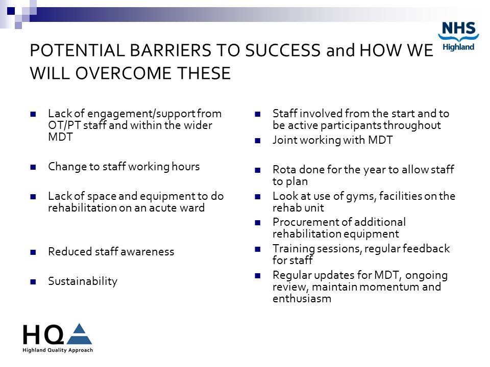 POTENTIAL BARRIERS TO SUCCESS and HOW WE WILL OVERCOME THESE Lack of engagement/support from OT/PT staff and within the wider MDT Change to staff working hours Lack of space and equipment to do rehabilitation on an acute ward Reduced staff awareness Sustainability Staff involved from the start and to be active participants throughout Joint working with MDT Rota done for the year to allow staff to plan Look at use of gyms, facilities on the rehab unit Procurement of additional rehabilitation equipment Training sessions, regular feedback for staff Regular updates for MDT, ongoing review, maintain momentum and enthusiasm