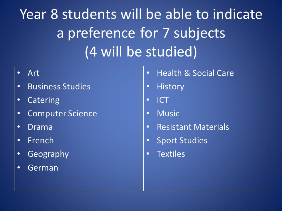 Year 8 students will be able to indicate a preference for 7 subjects (4 will be studied) Art Business Studies Catering Computer Science Drama French Geography German Health & Social Care History ICT Music Resistant Materials Sport Studies Textiles