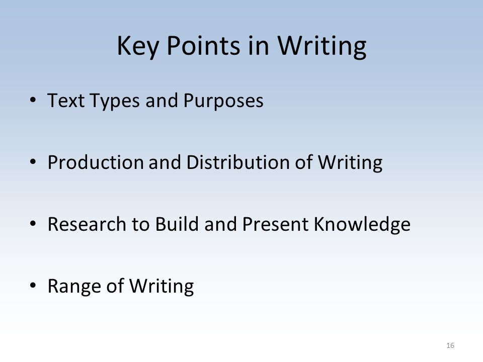 Key Points in Writing Text Types and Purposes Production and Distribution of Writing Research to Build and Present Knowledge Range of Writing 16