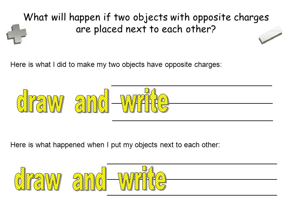 Here is what I did to make my two objects have opposite charges: ________________________________________ Here is what happened when I put my objects next to each other: _______________________________________________ What will happen if two objects with opposite charges are placed next to each other