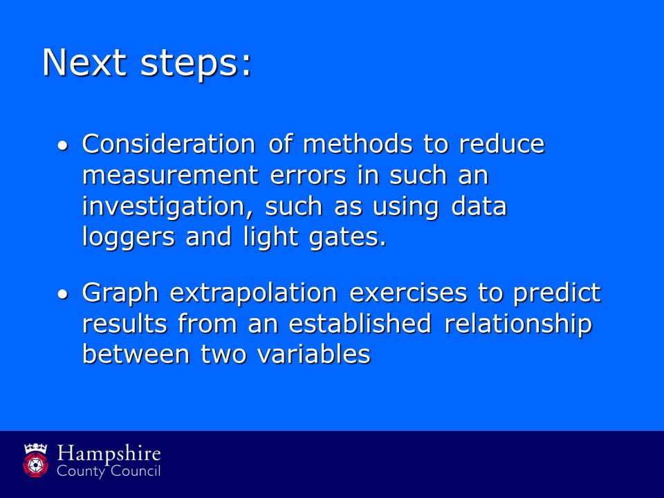 Next steps: Consideration of methods to reduce measurement errors in such an investigation, such as using data loggers and light gates.