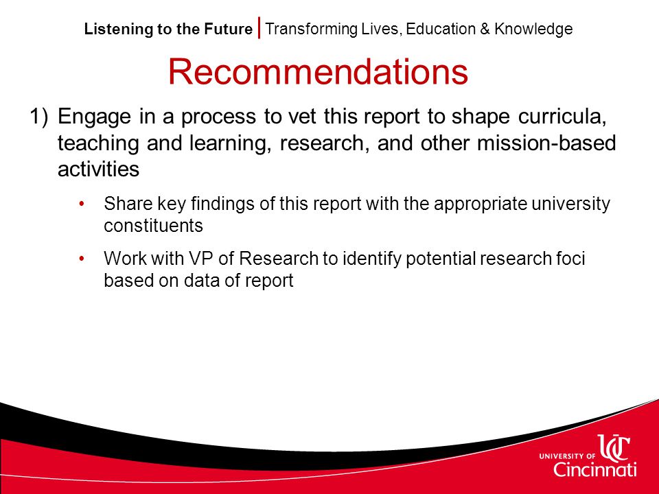 Listening to the Future Transforming Lives, Education & Knowledge Recommendations 1)Engage in a process to vet this report to shape curricula, teaching and learning, research, and other mission-based activities Share key findings of this report with the appropriate university constituents Work with VP of Research to identify potential research foci based on data of report