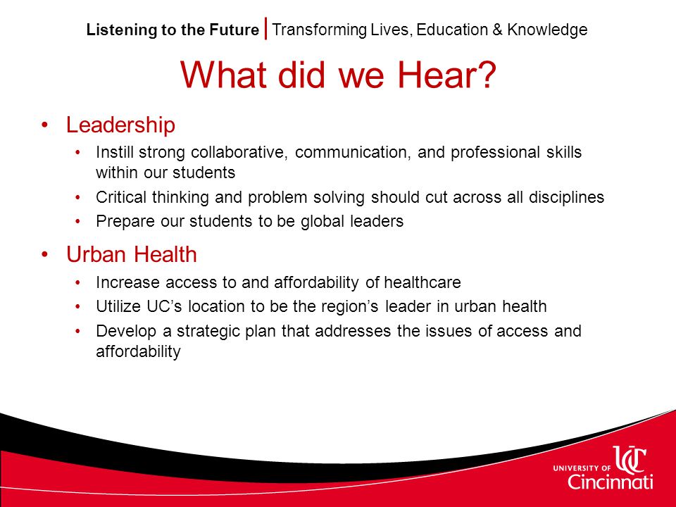 Listening to the Future Transforming Lives, Education & Knowledge What did we Hear.