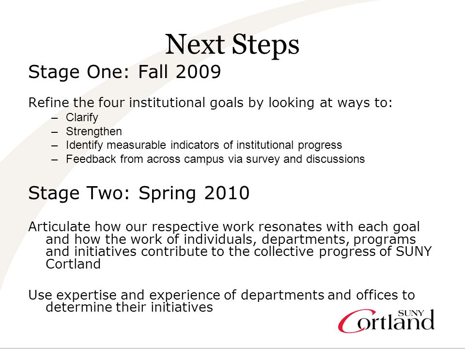 Next Steps Stage One: Fall 2009 Refine the four institutional goals by looking at ways to: –Clarify –Strengthen –Identify measurable indicators of institutional progress –Feedback from across campus via survey and discussions Stage Two: Spring 2010 Articulate how our respective work resonates with each goal and how the work of individuals, departments, programs and initiatives contribute to the collective progress of SUNY Cortland Use expertise and experience of departments and offices to determine their initiatives