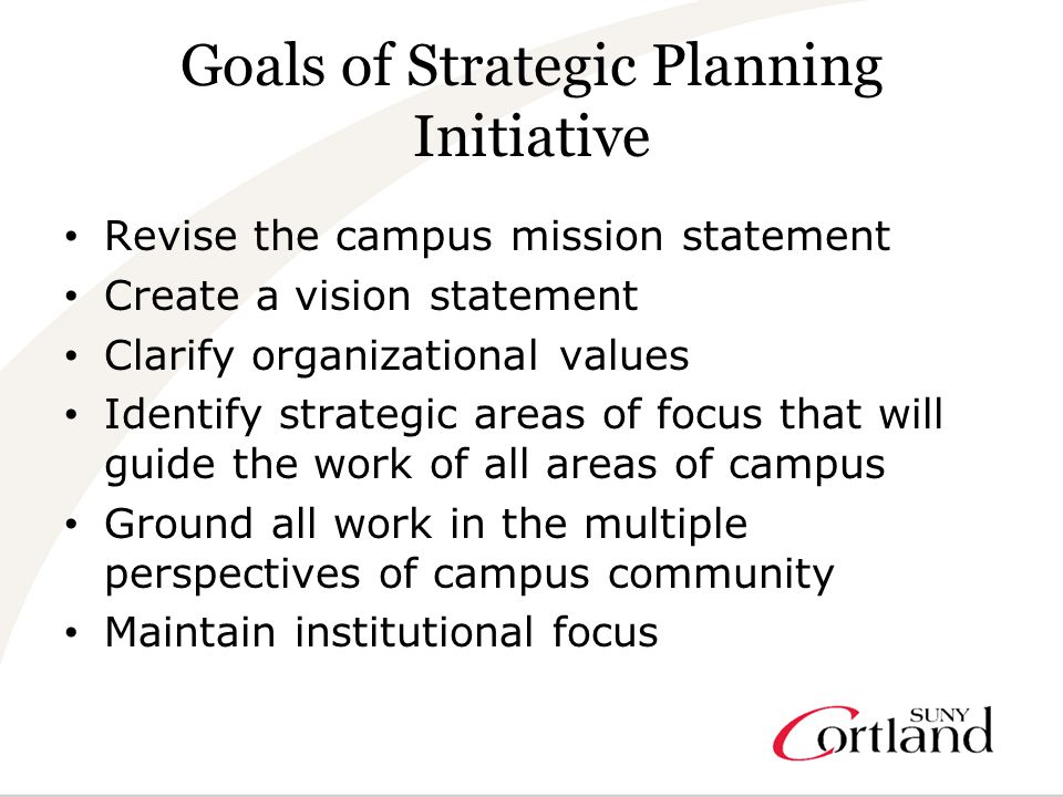 Goals of Strategic Planning Initiative Revise the campus mission statement Create a vision statement Clarify organizational values Identify strategic areas of focus that will guide the work of all areas of campus Ground all work in the multiple perspectives of campus community Maintain institutional focus