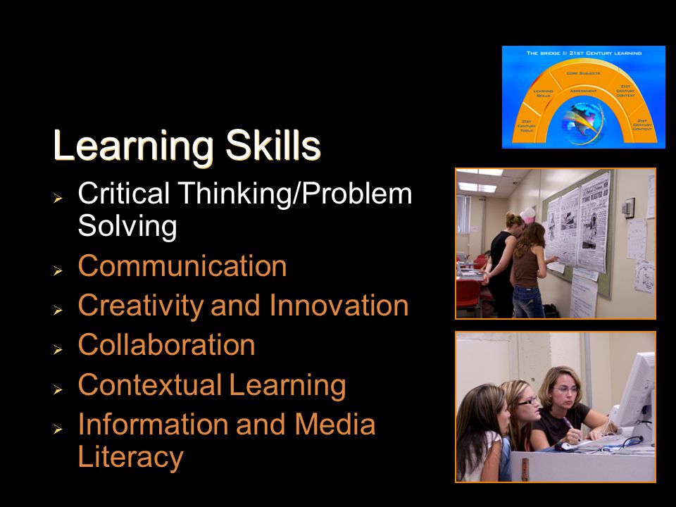 Learning Skills  Critical Thinking/Problem Solving  Communication  Creativity and Innovation  Collaboration  Contextual Learning  Information and Media Literacy