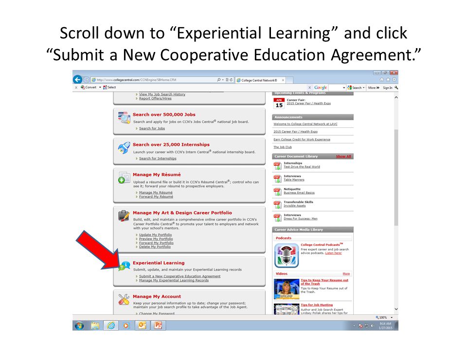 Scroll down to Experiential Learning and click Submit a New Cooperative Education Agreement.