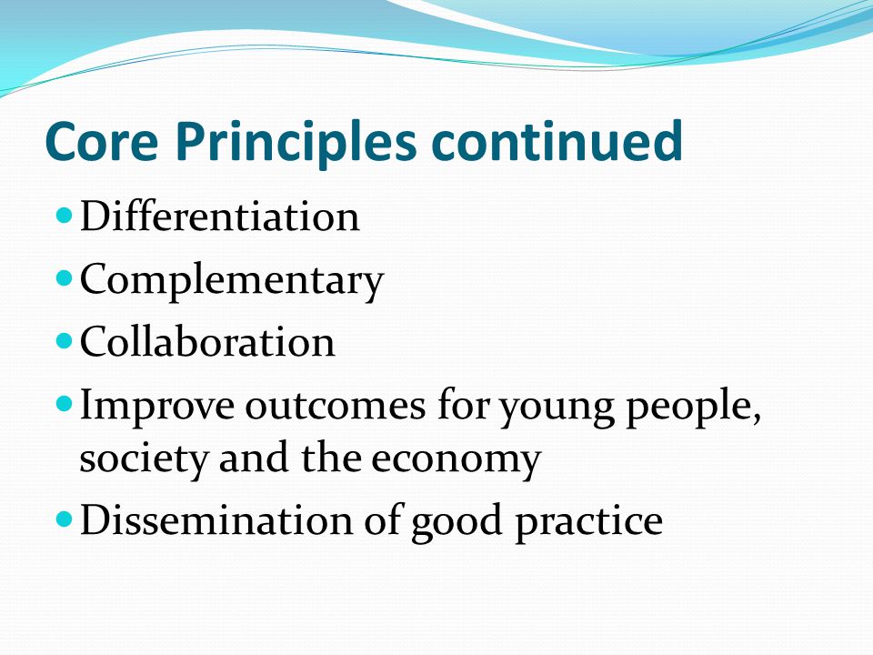 Core Principles continued Differentiation Complementary Collaboration Improve outcomes for young people, society and the economy Dissemination of good practice