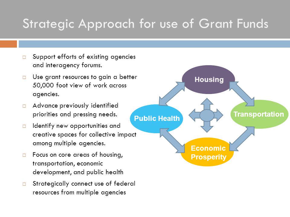 Strategic Approach for use of Grant Funds  Support efforts of existing agencies and interagency forums.