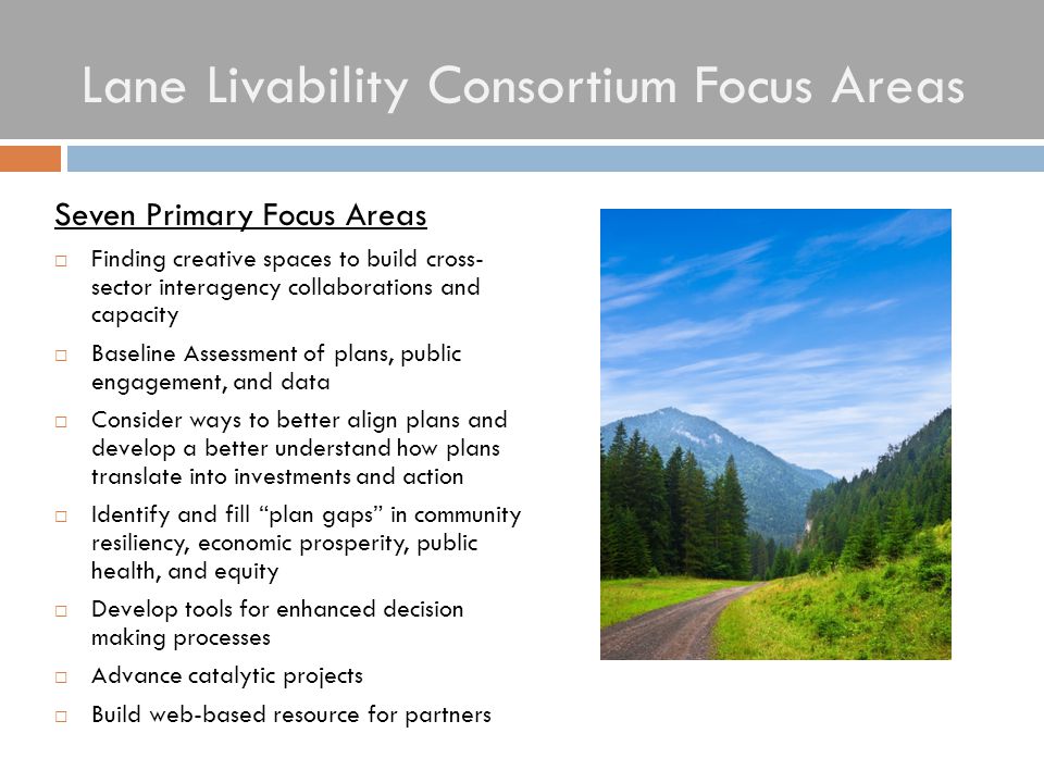 Lane Livability Consortium Focus Areas Seven Primary Focus Areas  Finding creative spaces to build cross- sector interagency collaborations and capacity  Baseline Assessment of plans, public engagement, and data  Consider ways to better align plans and develop a better understand how plans translate into investments and action  Identify and fill plan gaps in community resiliency, economic prosperity, public health, and equity  Develop tools for enhanced decision making processes  Advance catalytic projects  Build web-based resource for partners