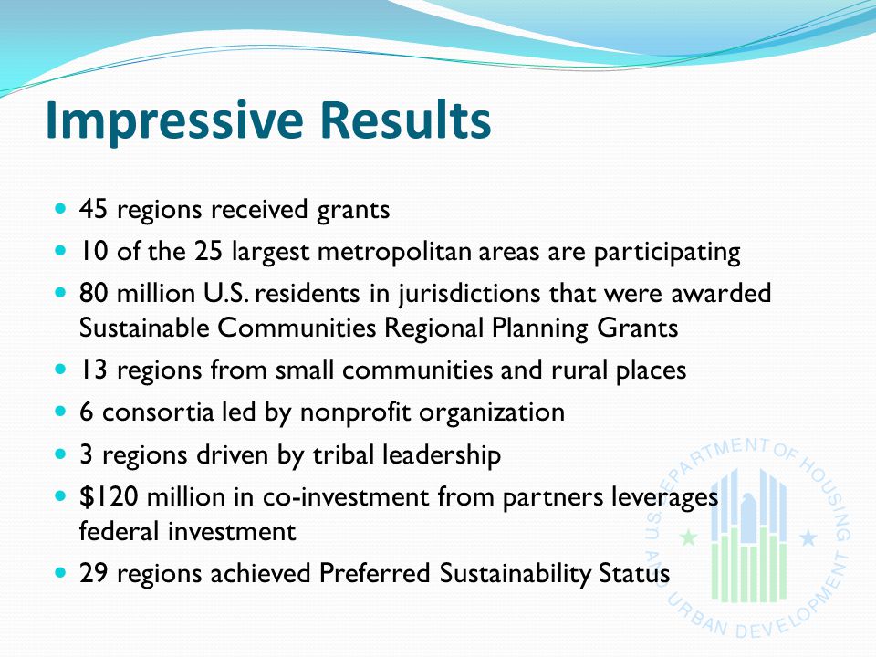 Impressive Results 45 regions received grants 10 of the 25 largest metropolitan areas are participating 80 million U.S.