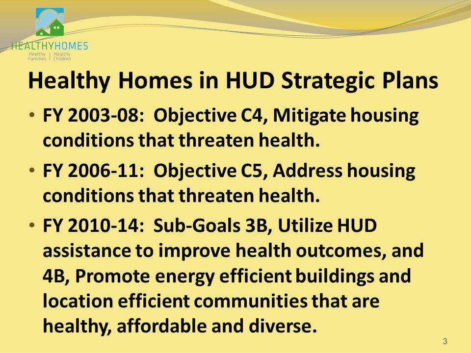 Healthy Homes in HUD Strategic Plans FY : Objective C4, Mitigate housing conditions that threaten health.