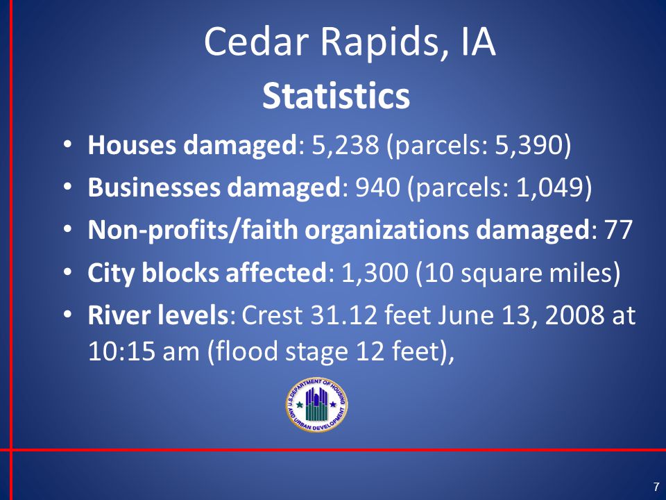 Cedar Rapids, IA Statistics Houses damaged: 5,238 (parcels: 5,390) Businesses damaged: 940 (parcels: 1,049) Non-profits/faith organizations damaged: 77 City blocks affected: 1,300 (10 square miles) River levels: Crest feet June 13, 2008 at 10:15 am (flood stage 12 feet), 7