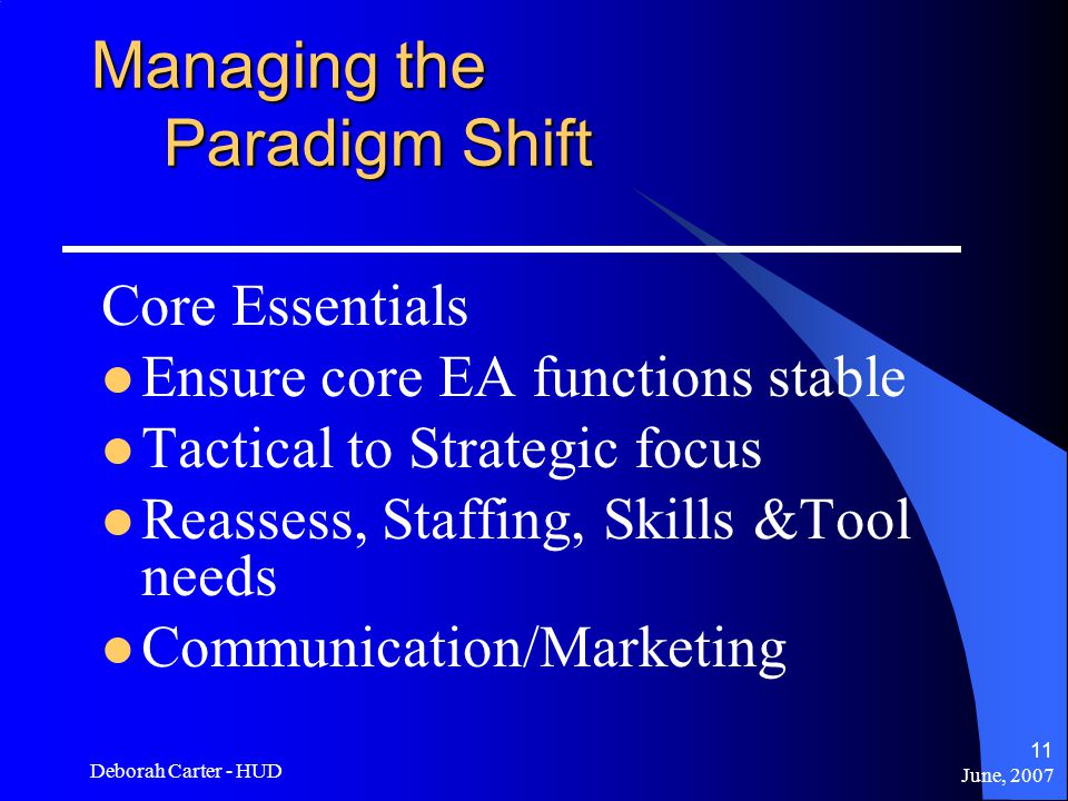 June, 2007 Deborah Carter - HUD 11 Managing the Paradigm Shift Core Essentials Ensure core EA functions stable Tactical to Strategic focus Reassess, Staffing, Skills &Tool needs Communication/Marketing