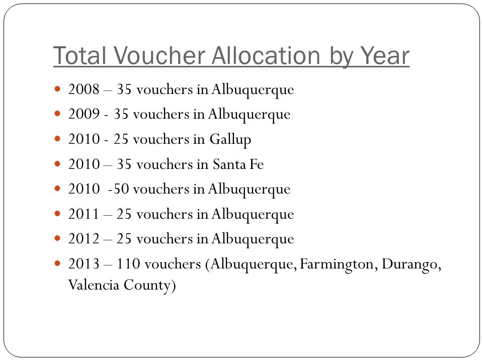 Total Voucher Allocation by Year 2008 – 35 vouchers in Albuquerque vouchers in Albuquerque vouchers in Gallup 2010 – 35 vouchers in Santa Fe vouchers in Albuquerque 2011 – 25 vouchers in Albuquerque 2012 – 25 vouchers in Albuquerque 2013 – 110 vouchers (Albuquerque, Farmington, Durango, Valencia County)