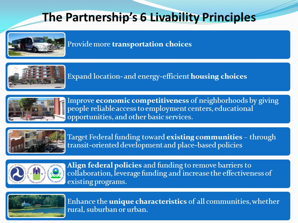 The Partnership’s 6 Livability Principles Provide more transportation choices Expand location- and energy-efficient housing choices Improve economic competitiveness of neighborhoods by giving people reliable access to employment centers, educational opportunities, and other basic services.