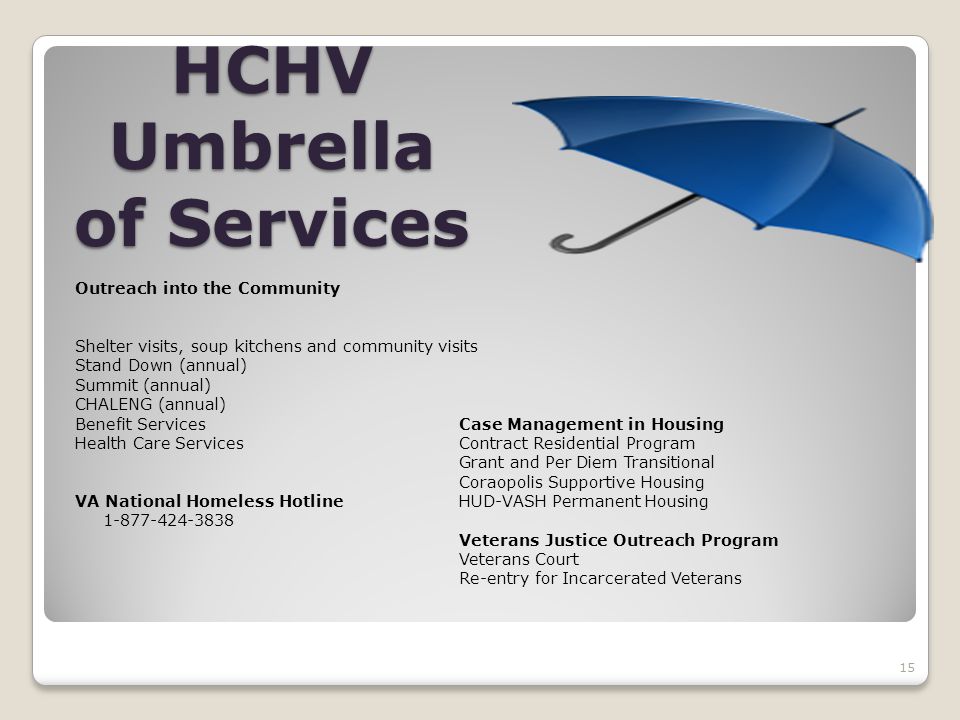HCHV Umbrella of Services Outreach into the Community Shelter visits, soup kitchens and community visits Stand Down (annual) Summit (annual) CHALENG (annual) Benefit Services Case Management in Housing Health Care Services Contract Residential Program Grant and Per Diem Transitional Coraopolis Supportive Housing VA National Homeless Hotline HUD-VASH Permanent Housing Veterans Justice Outreach Program Veterans Court Re-entry for Incarcerated Veterans 15