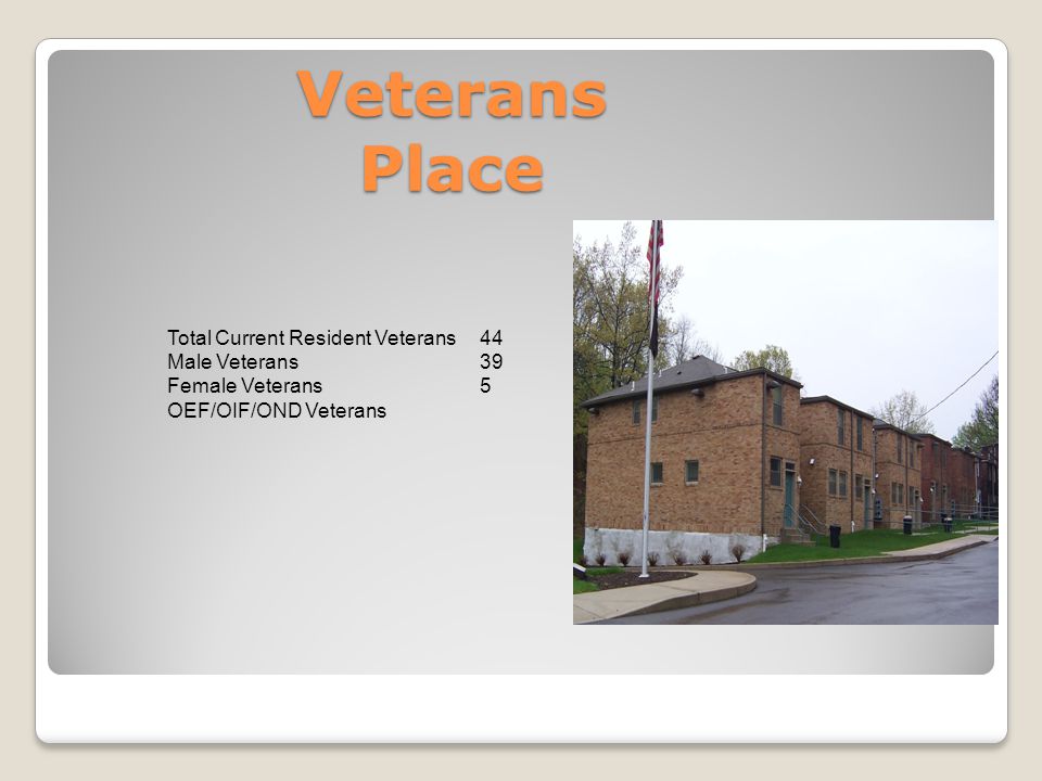 Veterans Place Total Current Resident Veterans44 Male Veterans39 Female Veterans5 OEF/OIF/OND Veterans