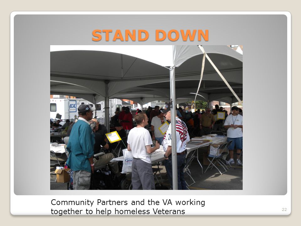 STAND DOWN 22 Community Partners and the VA working together to help homeless Veterans