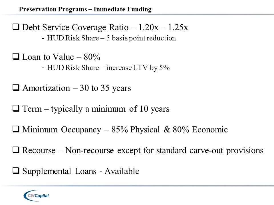 Preservation Programs – Immediate Funding  Debt Service Coverage Ratio – 1.20x – 1.25x - HUD Risk Share – 5 basis point reduction  Loan to Value – 80% - HUD Risk Share – increase LTV by 5%  Amortization – 30 to 35 years  Term – typically a minimum of 10 years  Minimum Occupancy – 85% Physical & 80% Economic  Recourse – Non-recourse except for standard carve-out provisions  Supplemental Loans - Available