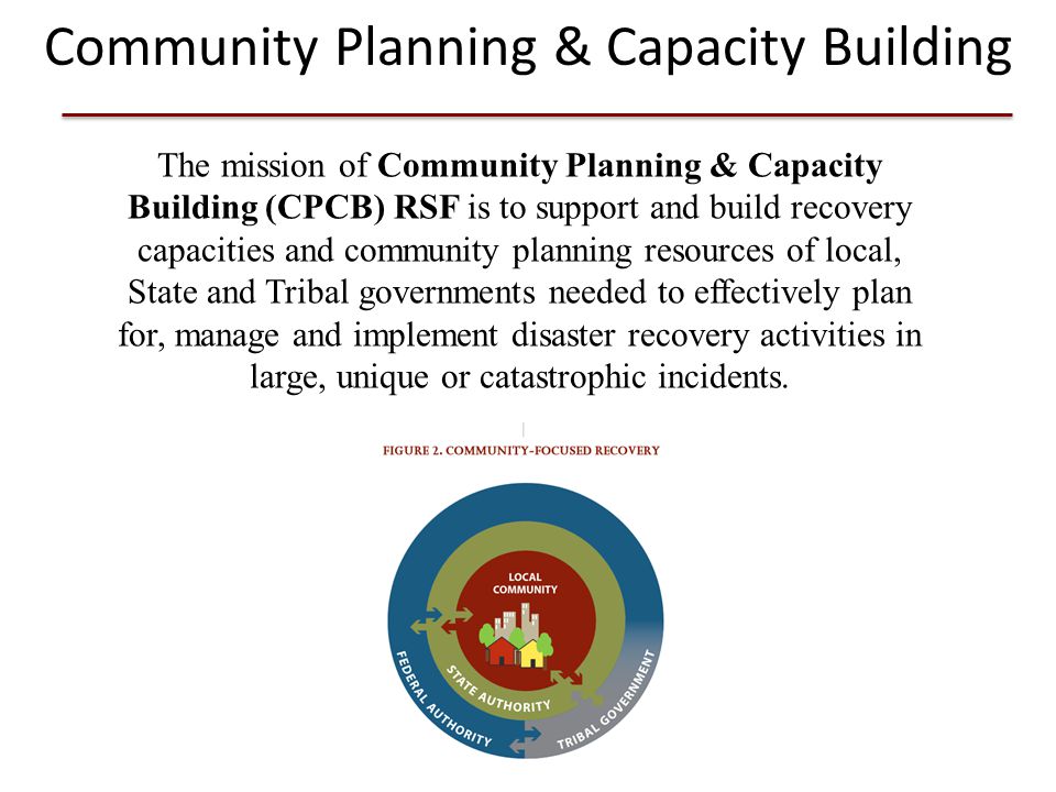 Community Planning & Capacity Building The mission of Community Planning & Capacity Building (CPCB) RSF is to support and build recovery capacities and community planning resources of local, State and Tribal governments needed to effectively plan for, manage and implement disaster recovery activities in large, unique or catastrophic incidents.