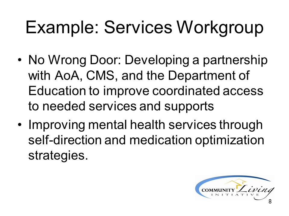 8 Example: Services Workgroup No Wrong Door: Developing a partnership with AoA, CMS, and the Department of Education to improve coordinated access to needed services and supports Improving mental health services through self-direction and medication optimization strategies.