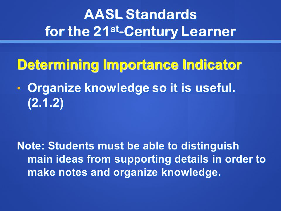 AASL Standards for the 21 st -Century Learner Determining Importance Indicator Organize knowledge so it is useful.