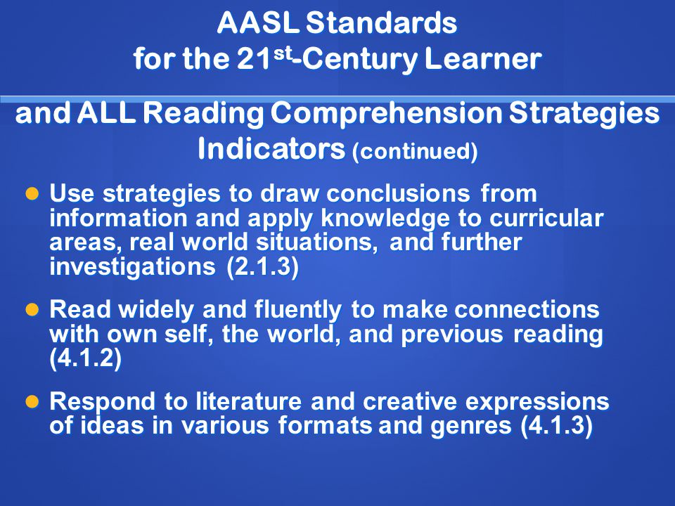 AASL Standards for the 21 st -Century Learner and ALL Reading Comprehension Strategies Indicators (continued) Use strategies to draw conclusions from information and apply knowledge to curricular areas, real world situations, and further investigations (2.1.3) Use strategies to draw conclusions from information and apply knowledge to curricular areas, real world situations, and further investigations (2.1.3) Read widely and fluently to make connections with own self, the world, and previous reading (4.1.2) Read widely and fluently to make connections with own self, the world, and previous reading (4.1.2) Respond to literature and creative expressions of ideas in various formats and genres (4.1.3) Respond to literature and creative expressions of ideas in various formats and genres (4.1.3)