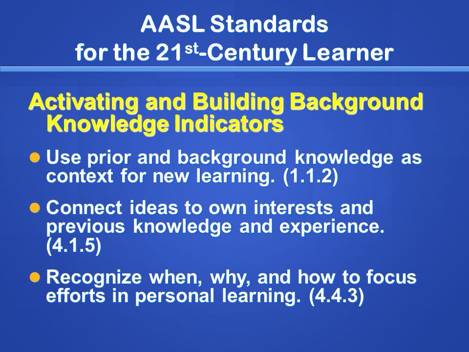 AASL Standards for the 21 st -Century Learner Activating and Building Background Knowledge Indicators Use prior and background knowledge as context for new learning.