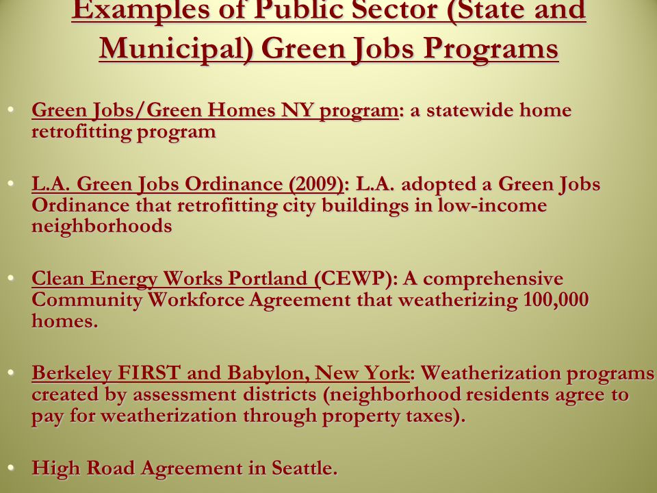 Examples of Public Sector (State and Municipal) Green Jobs Programs Green Jobs/Green Homes NY program: a statewide home retrofitting programGreen Jobs/Green Homes NY program: a statewide home retrofitting program L.A.