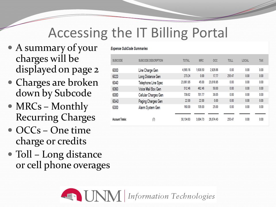 Accessing the IT Billing Portal A summary of your charges will be displayed on page 2 Charges are broken down by Subcode MRCs – Monthly Recurring Charges OCCs – One time charge or credits Toll – Long distance or cell phone overages