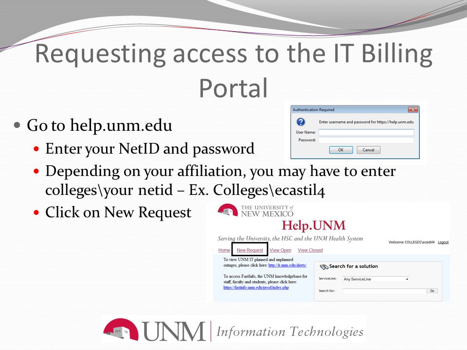 Requesting access to the IT Billing Portal Go to help.unm.edu Enter your NetID and password Depending on your affiliation, you may have to enter colleges\your netid – Ex.