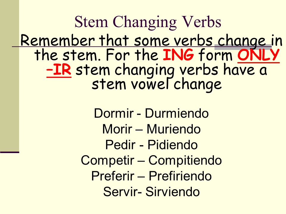 3 vowel Rule: When the stem of an –er or –ir verb ends in a vowel, change the –iendo to yendo Examples: Leer –leiendoleyendo Oír –oiendooyendo Creer – creiendo creyendo